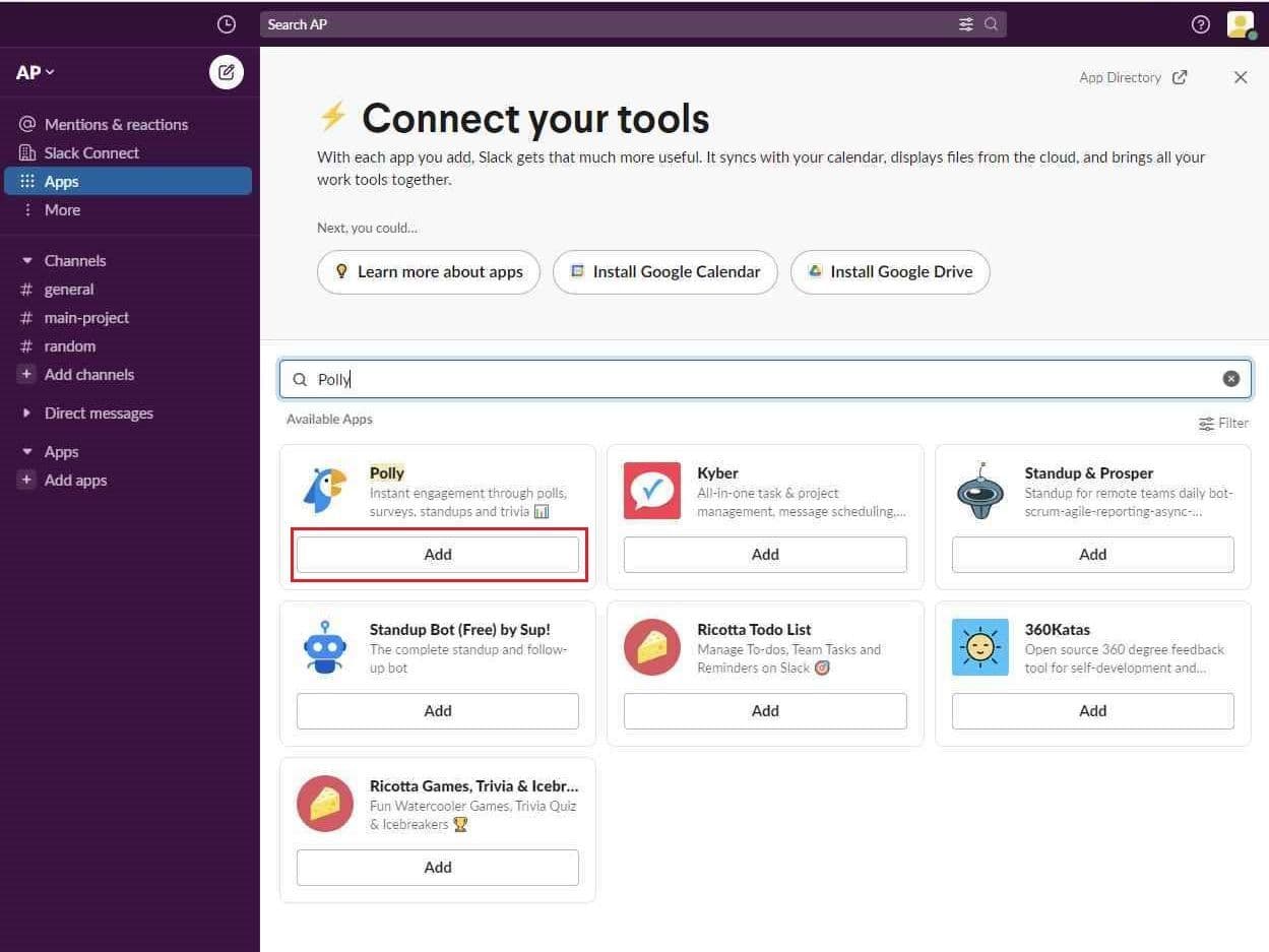 Στιγμιότυπο οθόνης που δείχνει πώς να αναζητάτε εφαρμογές στο Slack