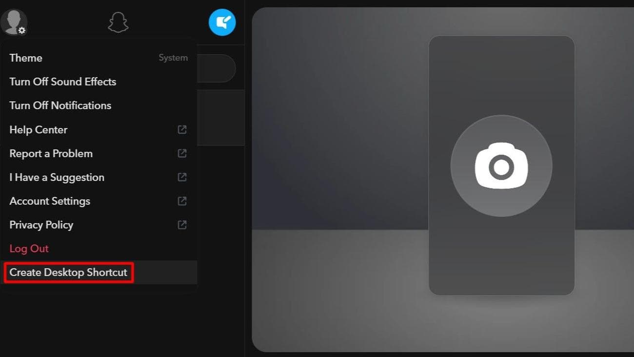 Επιλογή συντόμευσης επιφάνειας εργασίας Snapchat για Web