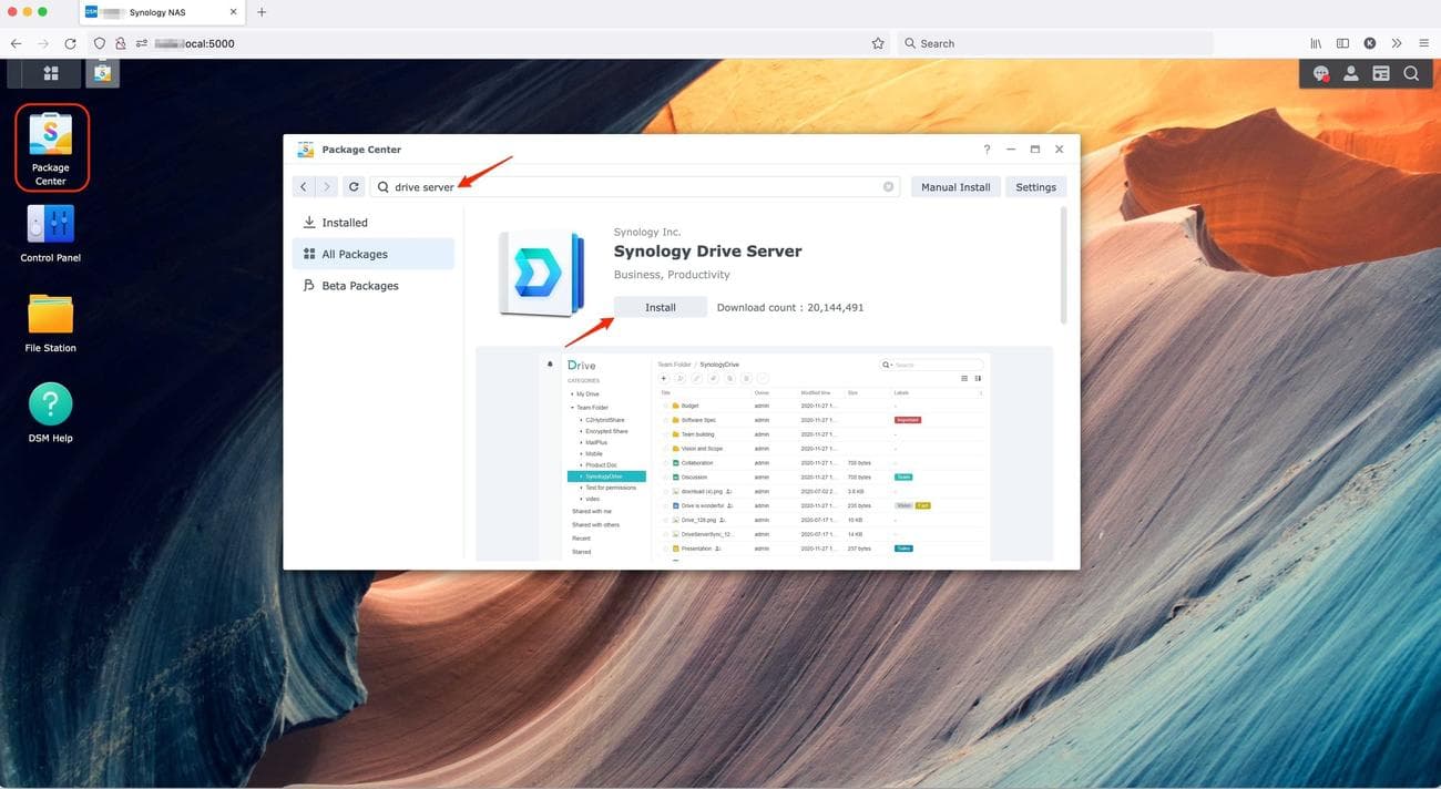 Screenshot shows the 'Package Center' pop up after opening Synology drive in web browser.