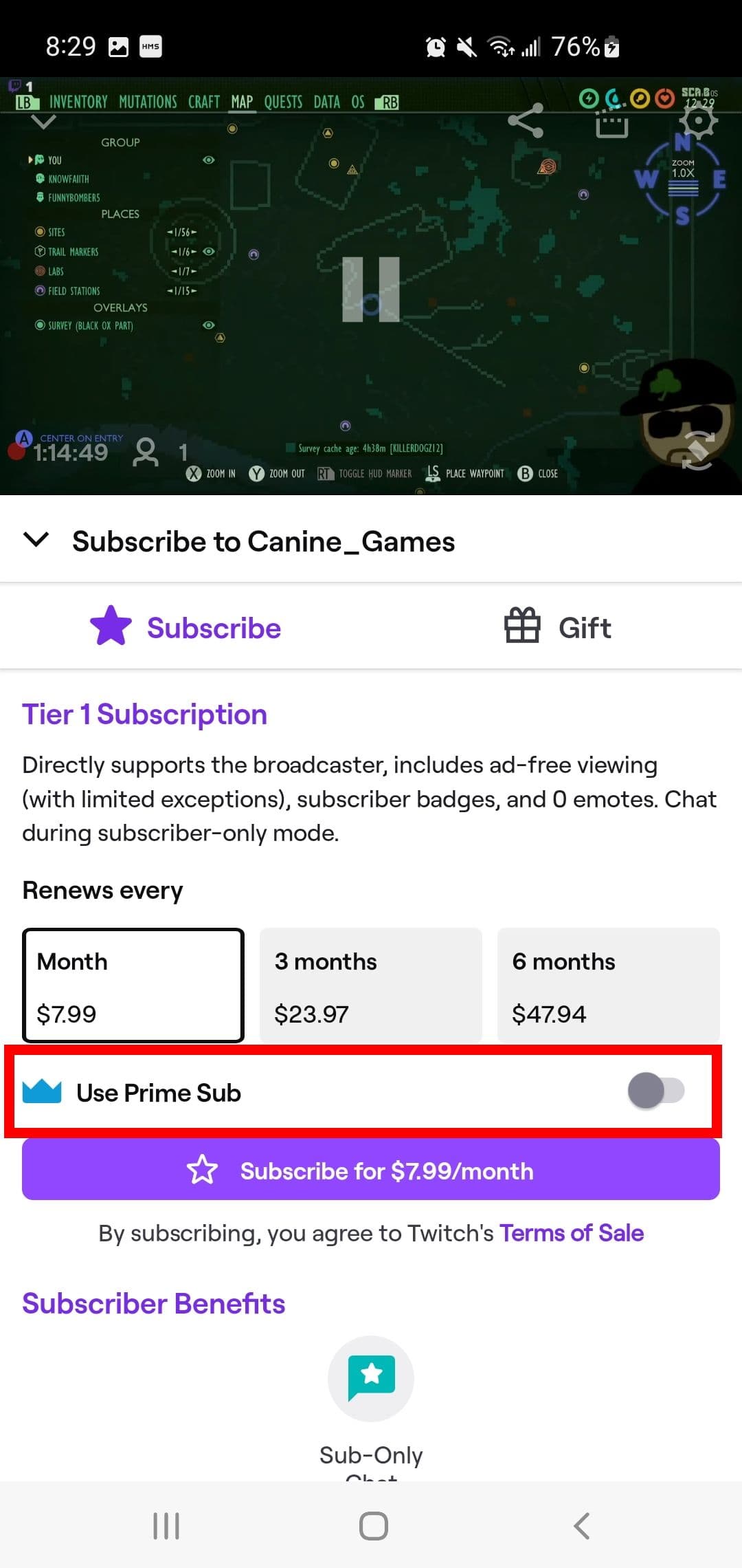 Ένα κόκκινο ορθογώνιο περίγραμμα στην εναλλαγή Use Prime Sub μιας ζωντανής ροής χρησιμοποιώντας την εφαρμογή Twitch για κινητά