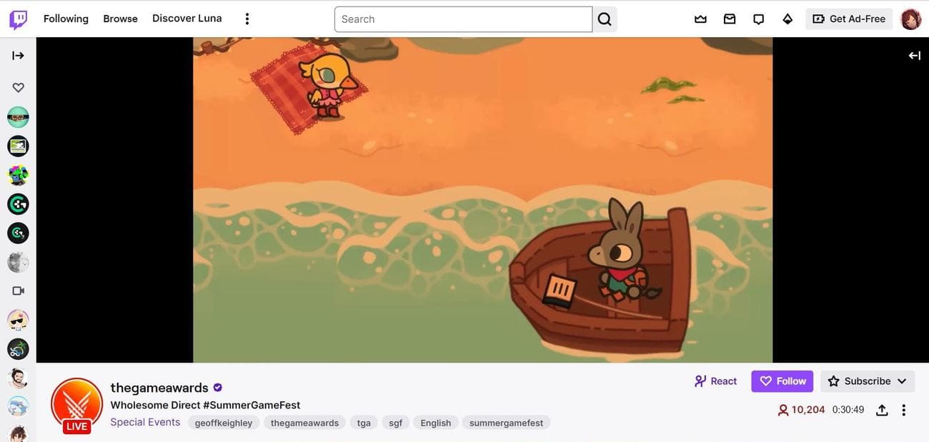 Μια ζωντανή ροή Twitch που εμφανίζεται στο Google Chrome