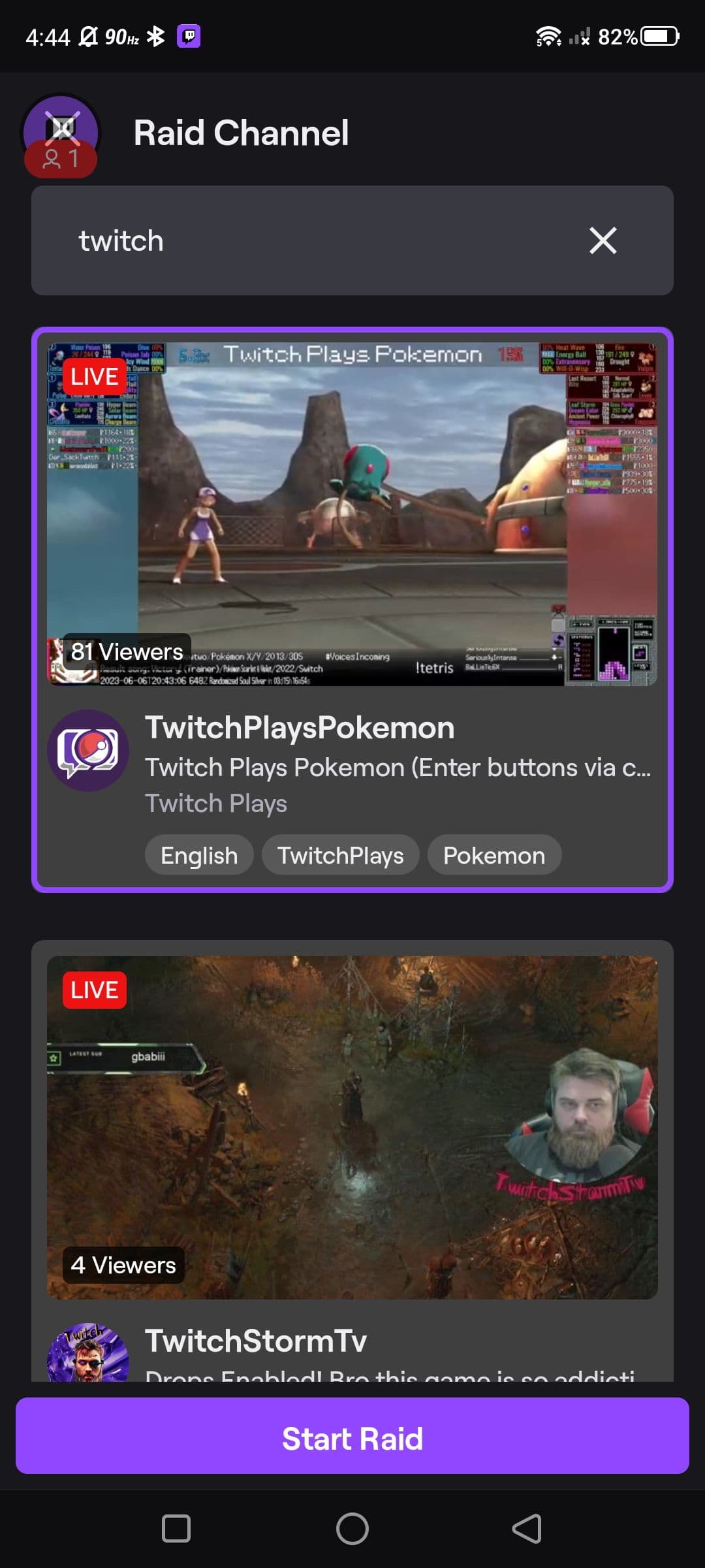 Επιλογή ζωντανών καναλιών Twitch χρησιμοποιώντας το κουμπί Raid Channel στην εφαρμογή Twitch για κινητά (σε Android)