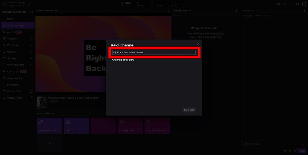 Παράθυρο αναζήτησης καναλιών Raid στο Twitch Stream Manager σε επιτραπέζιο υπολογιστή