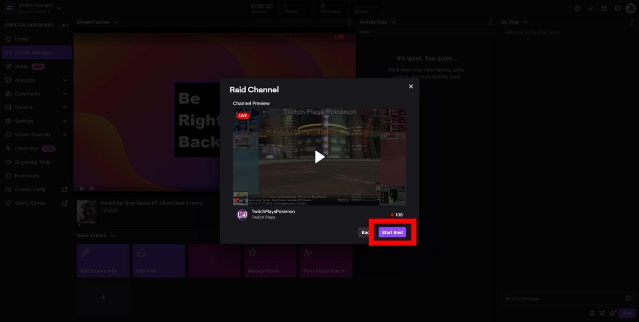 Κουμπί Start Raid στο παράθυρο Raid Channel στο Twitch Stream Manager (επιτραπέζιος υπολογιστής)