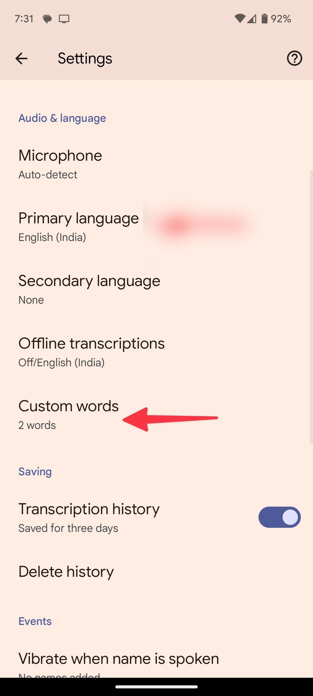 open custom words in live transcribe