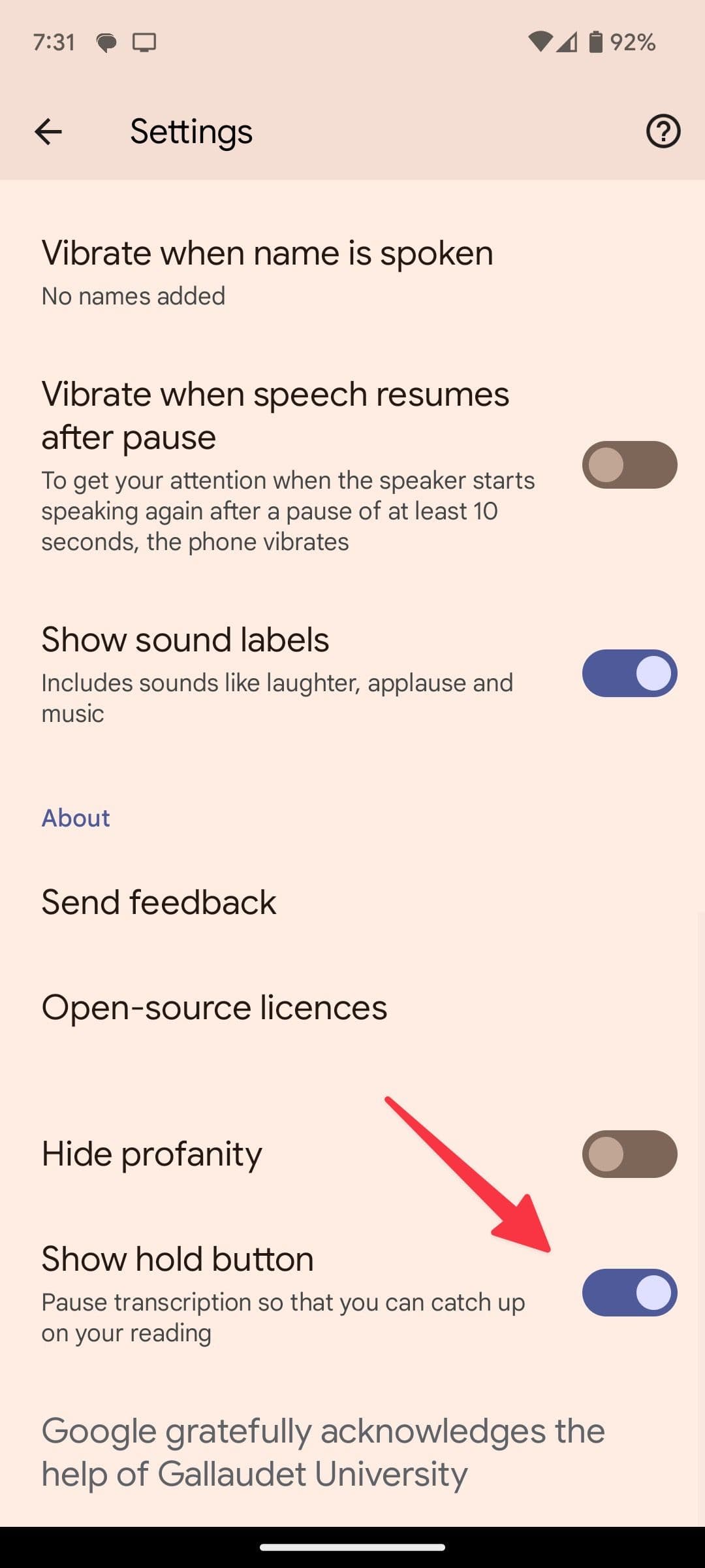 enable hold button in live transcribe