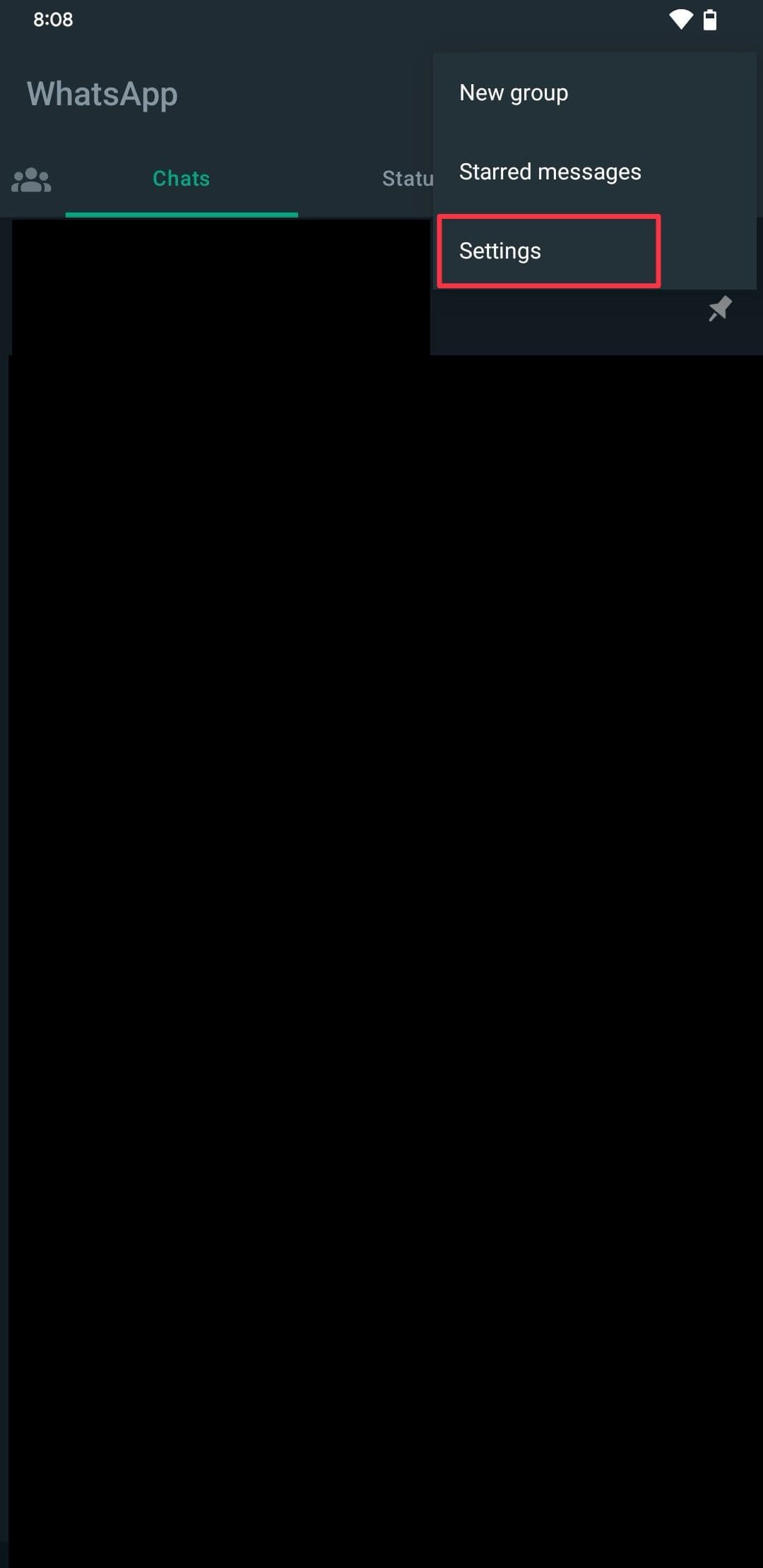 Στιγμιότυπο οθόνης του κύριου παραθύρου συνομιλίας WhatsApp που δείχνει την επιλογή ρυθμίσεων