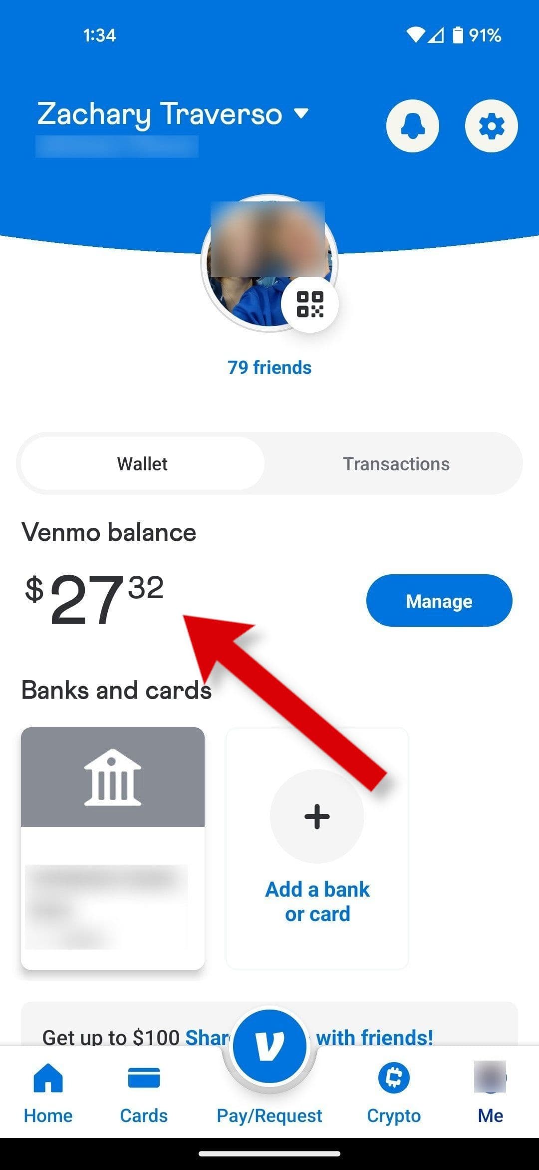 Ένα στιγμιότυπο οθόνης της εφαρμογής Venmo που δείχνει πού βρίσκεται το υπόλοιπό σας στην καρτέλα Me.