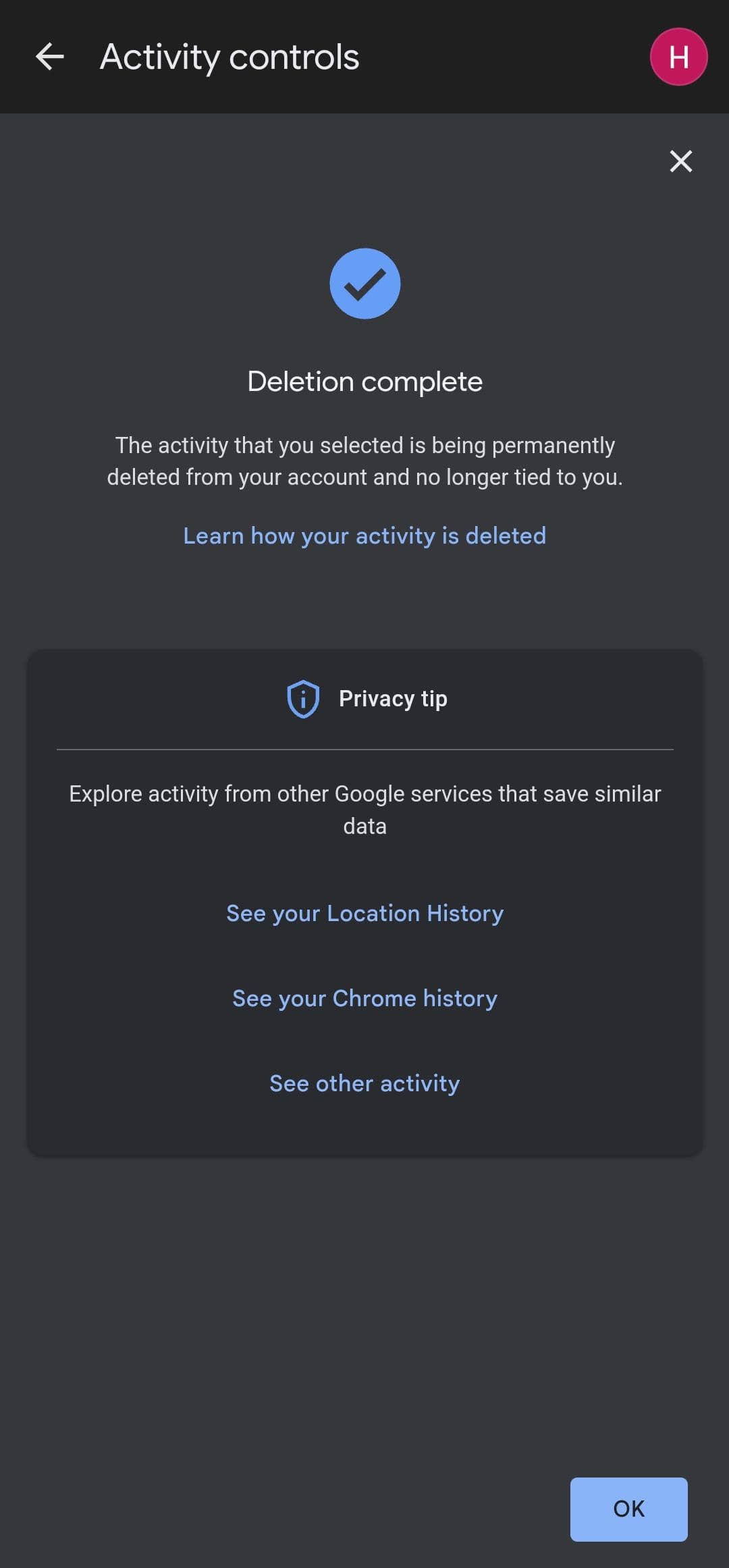Επιβεβαίωση διαγραφής Δραστηριότητας ιστού και εφαρμογών