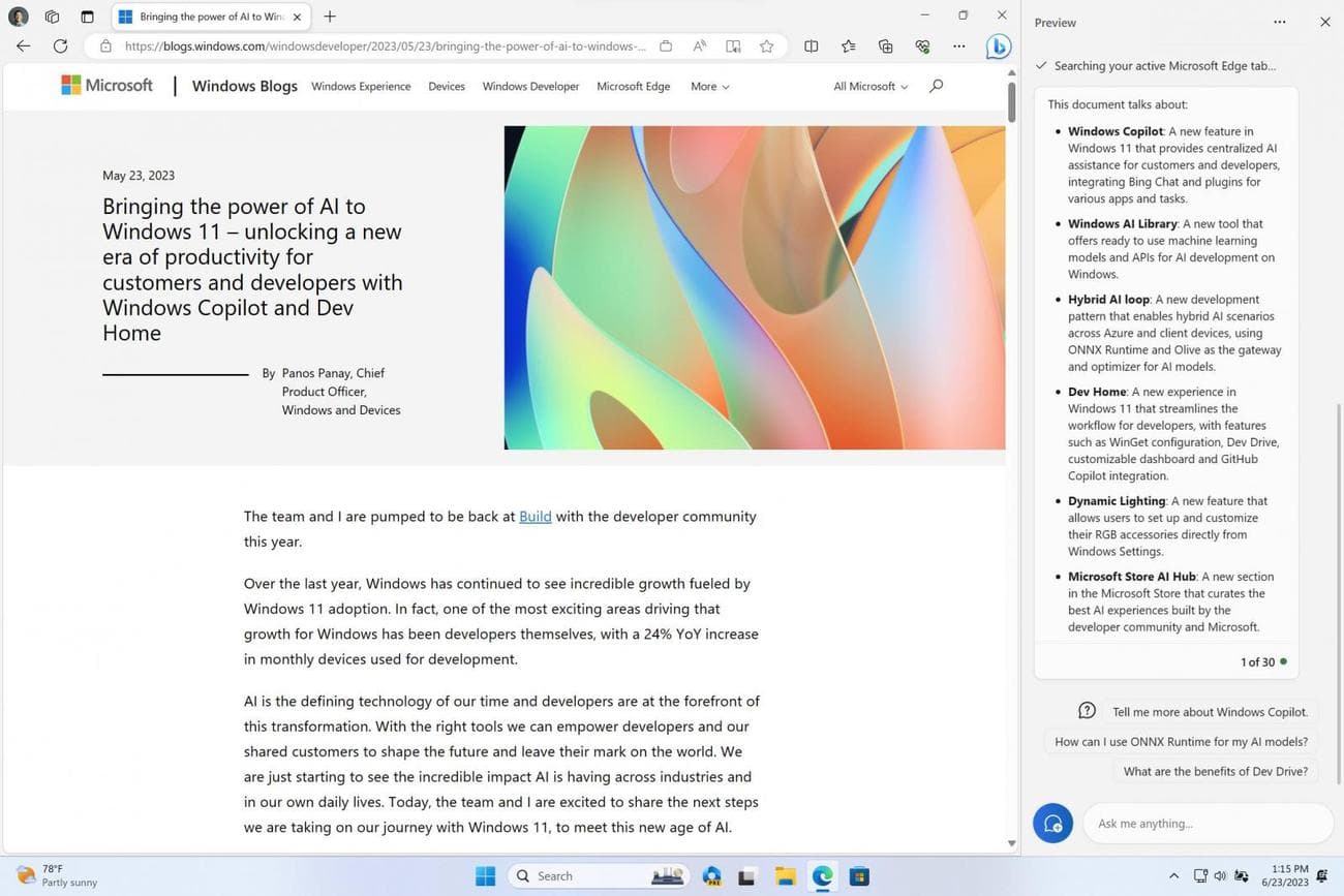 Windows Copilot δίπλα σε ένα παράθυρο του Microsoft Edge