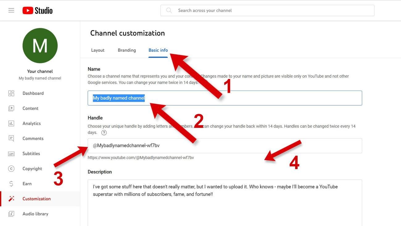 Ένα στιγμιότυπο οθόνης του YouTube σε ένα πρόγραμμα περιήγησης με βέλη που δείχνουν τις Βασικές πληροφορίες και 3 μέρη για να κάνετε αλλαγές.