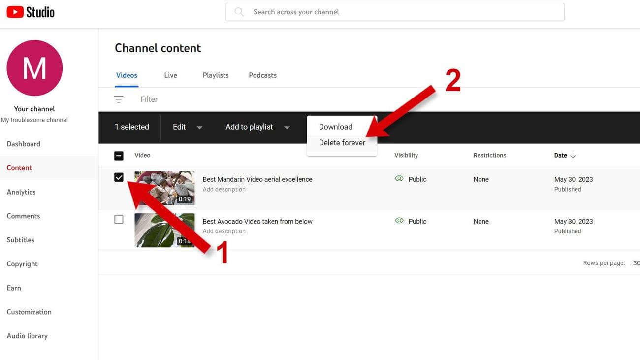 Ένα στιγμιότυπο οθόνης του YouTube σε ένα πρόγραμμα περιήγησης με βέλη που δείχνουν σε ένα πλαίσιο ελέγχου βίντεο και την επιλογή Διαγραφή για πάντα.