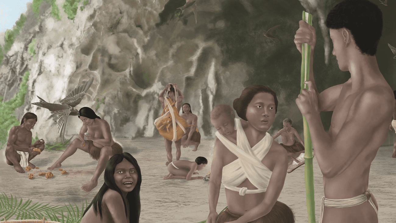 A painting of a group of prehistoric residents of Tabon Cave in the Philippines, featuring four individuals of varying ages, using fiber technology at Tabon Cave, 39 to 33,000 years ago. It was painted by Carole Chwval for the exhibition 