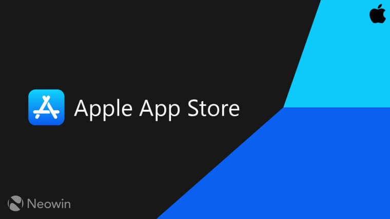 The icon and accompanying text of Apple and its App Store on a blue and back background