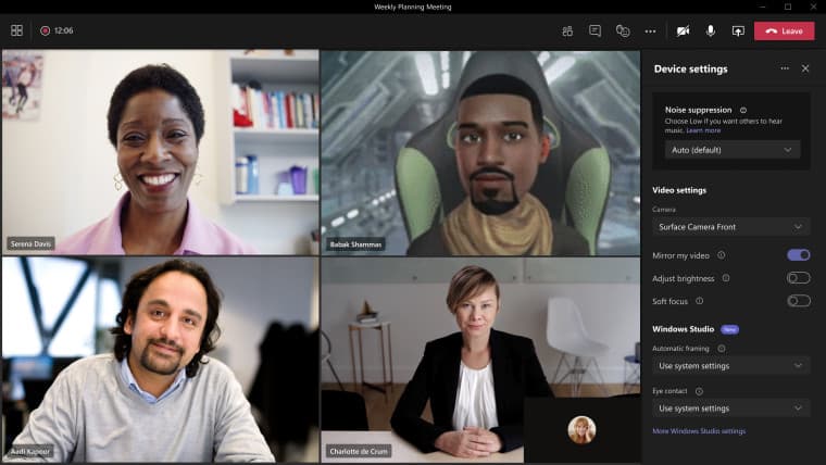 Windows Studio Effects pane in Microsoft Teams with four people in a meeting