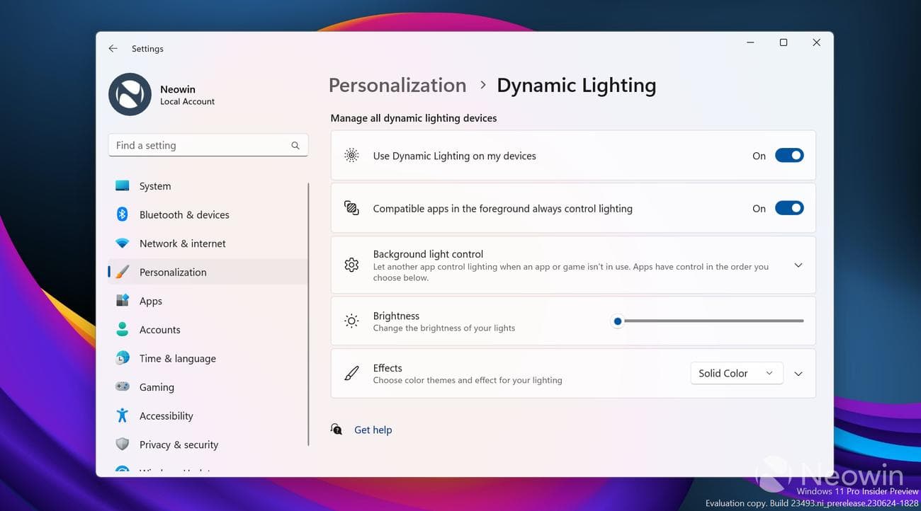 Ένα στιγμιότυπο οθόνης της εφαρμογής Ρυθμίσεις των Windows 11s που δείχνει τις επιλογές Δυναμικού φωτισμού