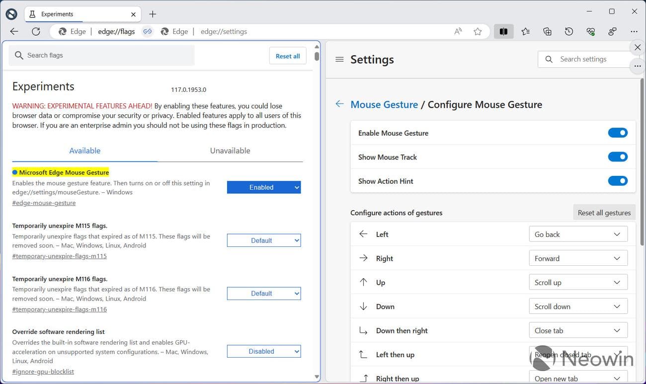 Ένα στιγμιότυπο οθόνης που δείχνει πώς να ενεργοποιήσετε τις χειρονομίες του ποντικιού στο Edge χρησιμοποιώντας μια σημαία