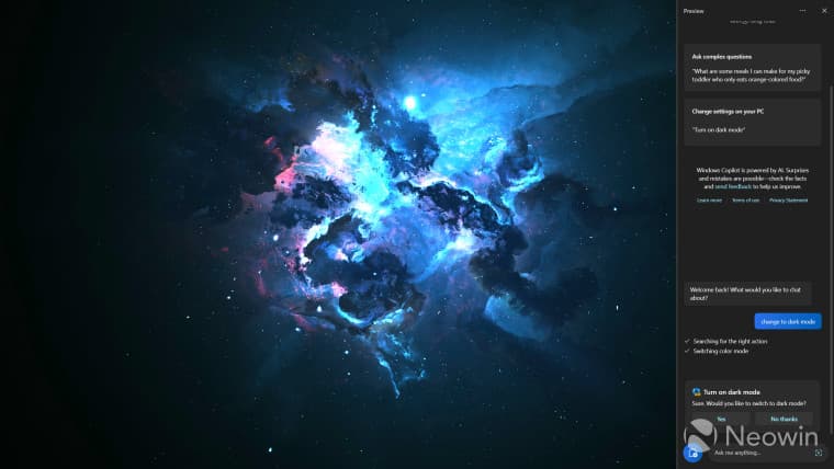 Στιγμιότυπο οθόνης που δείχνει το Windows Copilot σε δράση