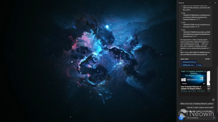 Στιγμιότυπο οθόνης που δείχνει το Windows Copilot σε δράση