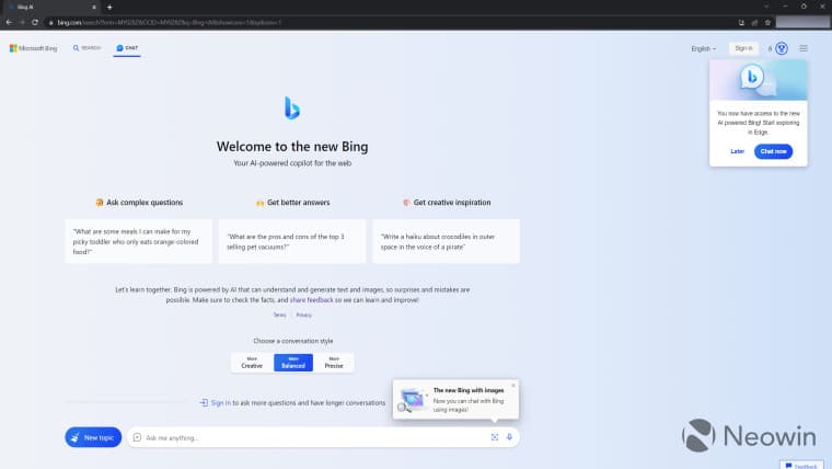 Στιγμιότυπο οθόνης του Bing Chat στο Google Chrome