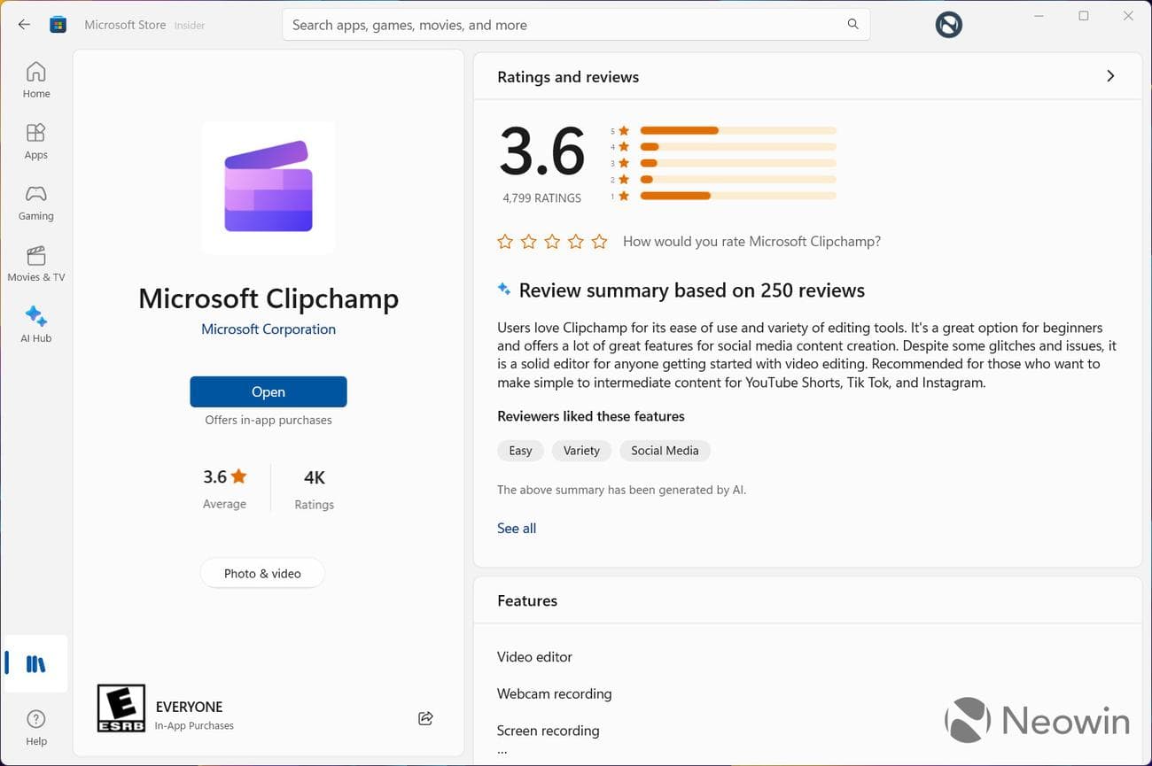 A screenshot of the Microsoft Store with a review summary generated by AI