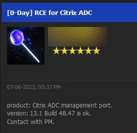 Διαφήμιση στο φόρουμ χάκερ που προσφέρει Citrix 0day