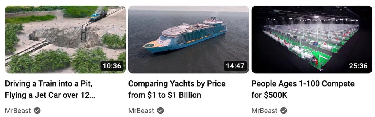 Τρεις μικρογραφίες βίντεο του MrBeast YouTube με τις επιλεγμένες μικρογραφίες του αφαιρέθηκαν και αντικαταστάθηκαν με φωτογραφίες από το βίντεο από την επέκταση του προγράμματος περιήγησης DeArrow.