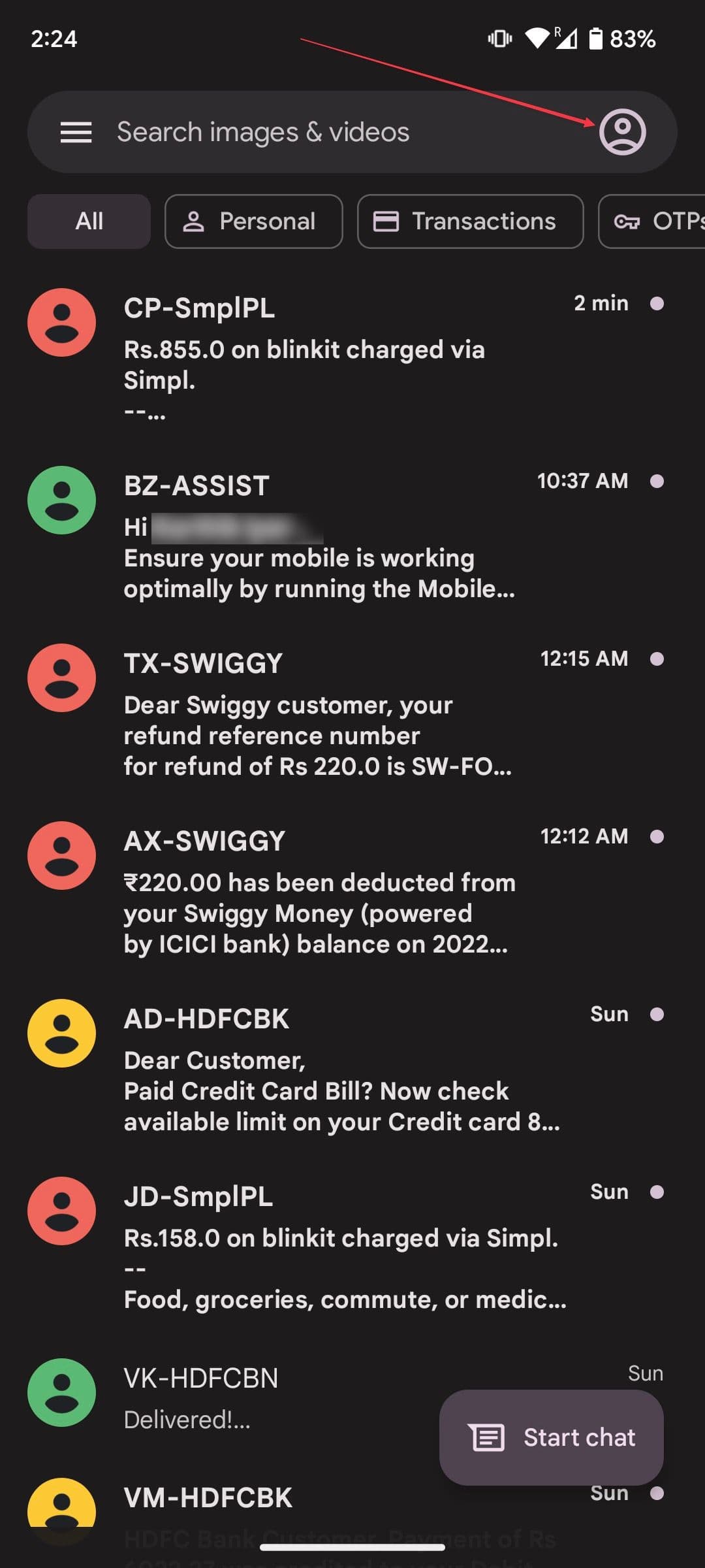 Στιγμιότυπο οθόνης της αρχικής σελίδας του Google Messages