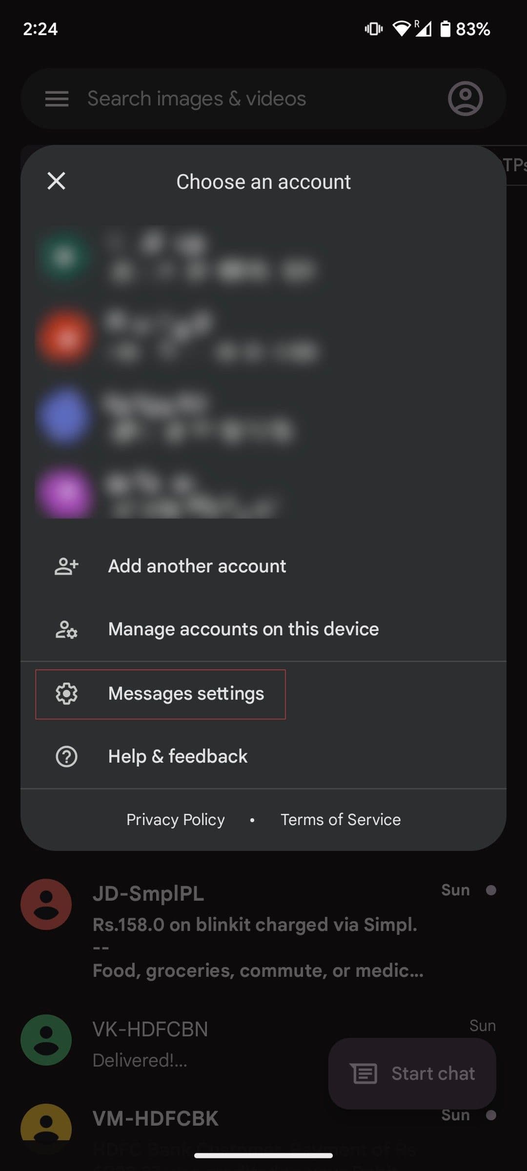 Στιγμιότυπο οθόνης ρύθμισης προφίλ αρχικής σελίδας του Google Messages