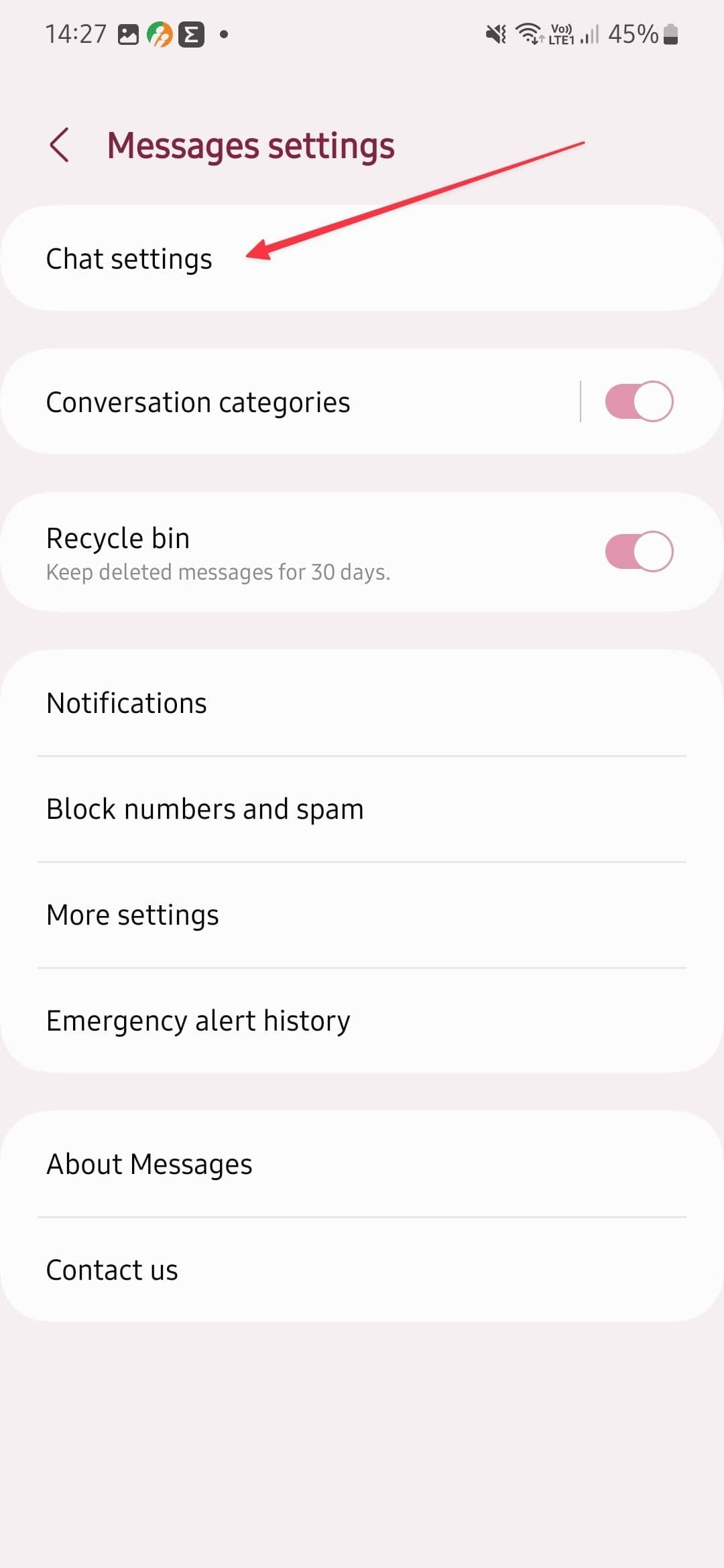 στιγμιότυπο οθόνης που δείχνει την επιλογή ρυθμίσεων συνομιλίας στα μηνύματα Samsung