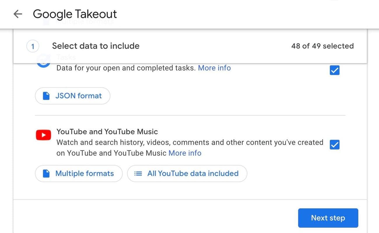 Google takeout next step screenshot