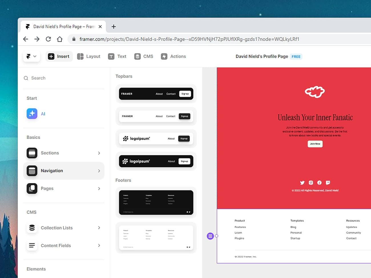 Η διεπαφή Framer σάς επιτρέπει να επεξεργάζεστε οποιονδήποτε ιστότοπο που δημιουργείται από AI που προκύπτει από την προτροπή σας. 