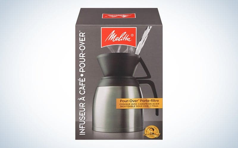 Melitta pour-over retail packaging showing silver thermal carafe