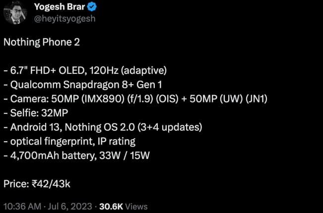 Τίποτα διαρροή τιμής προδιαγραφών Phone 2