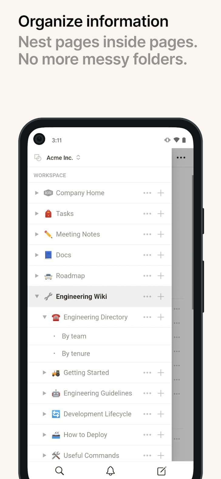 Η οθόνη Έννοια εμφανίζει μια λίστα σελίδων