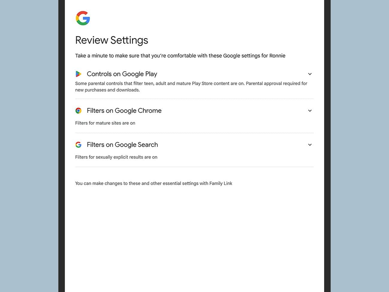 Οι επιλογές γονικού ελέγχου για ένα tablet Pixel.