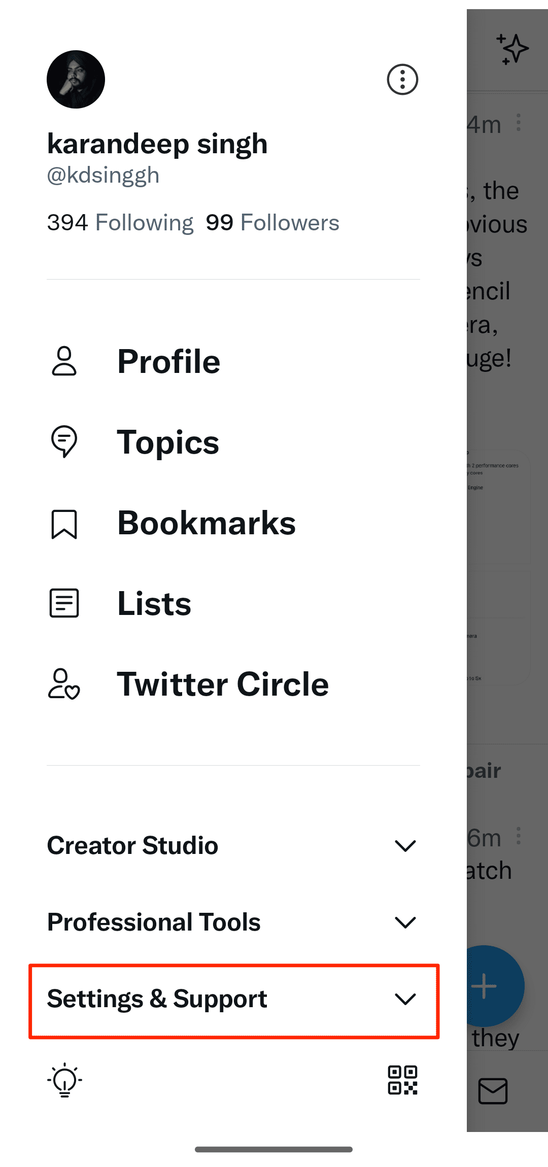 Στιγμιότυπο οθόνης της ενότητας Ρυθμίσεις και Υποστήριξη στο Twitter για Android 
