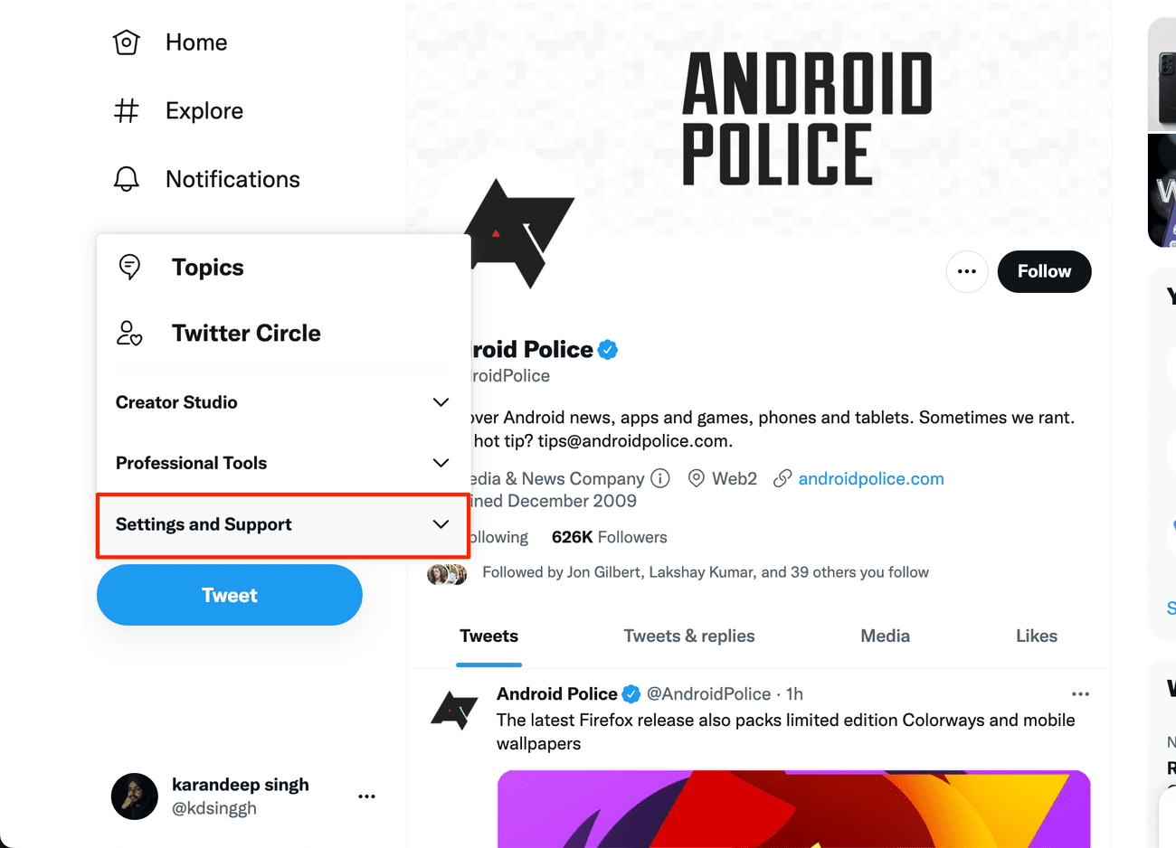 Στιγμιότυπο οθόνης της επιλογής Ρυθμίσεις και Υποστήριξη στο Twitter για τον Ιστό