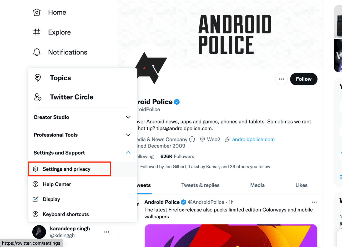 Στιγμιότυπο οθόνης της επιλογής Ρυθμίσεις και Απόρρητο στο Twitter για τον Ιστό 