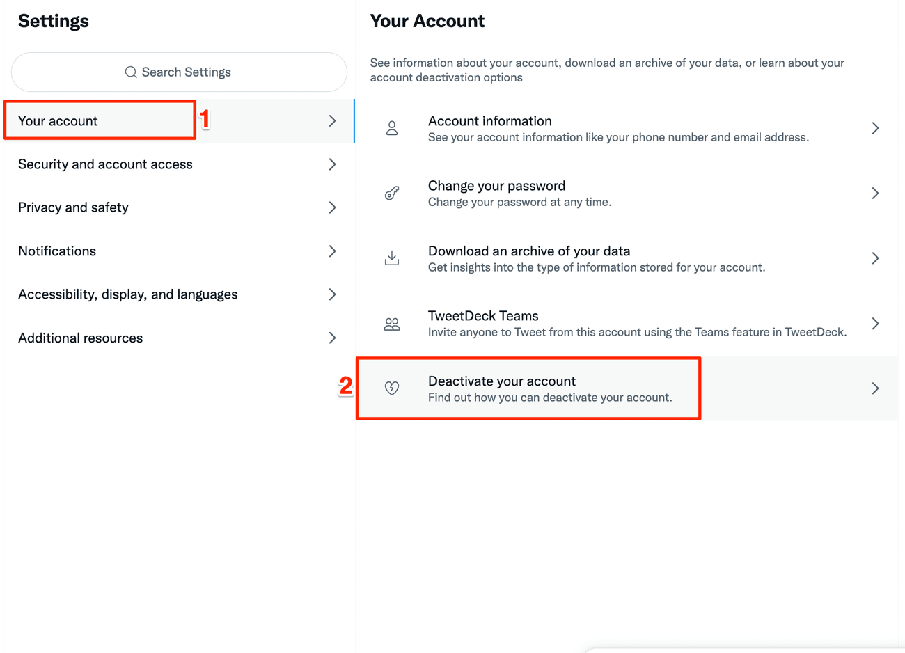 Στιγμιότυπο οθόνης της επιλογής Απενεργοποίηση του λογαριασμού σας στο Twitter για τον Ιστό 