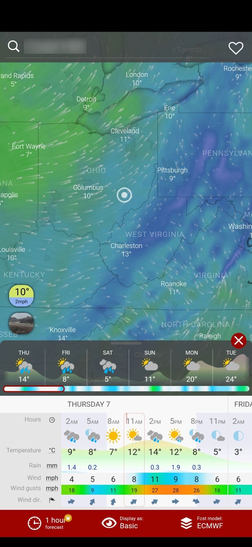 Οθόνη πρόβλεψης Windy.com