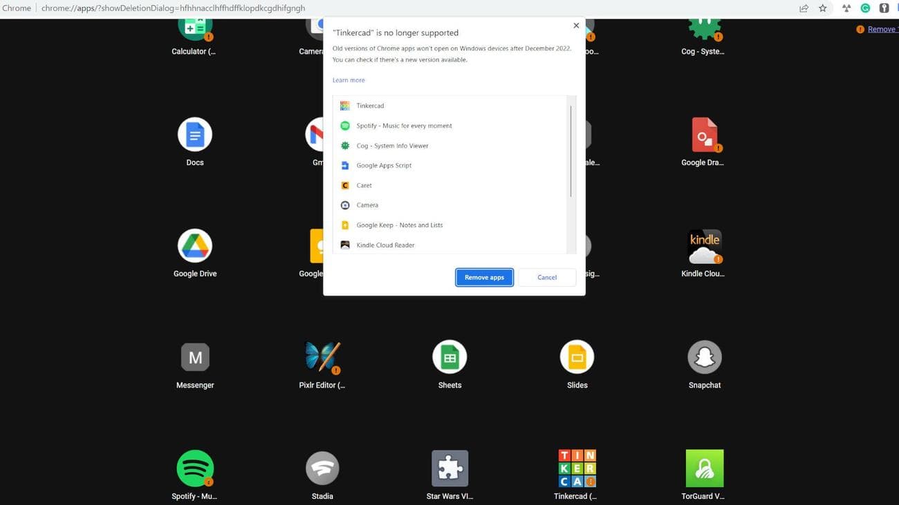A screenshot of a Chrome browser showing unsupported Chrome apps