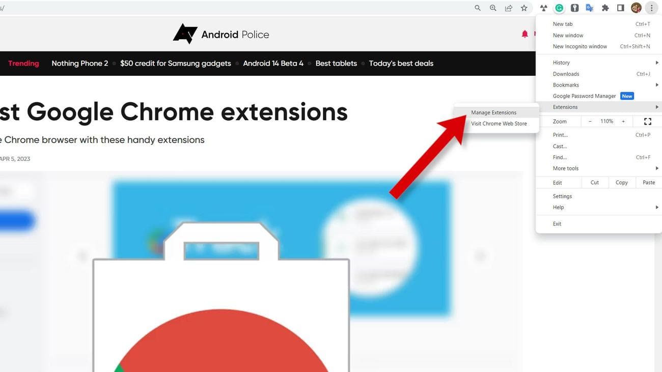 A screenshot of a Chrome browser with an arrow pointing to the menu option to manage extensions