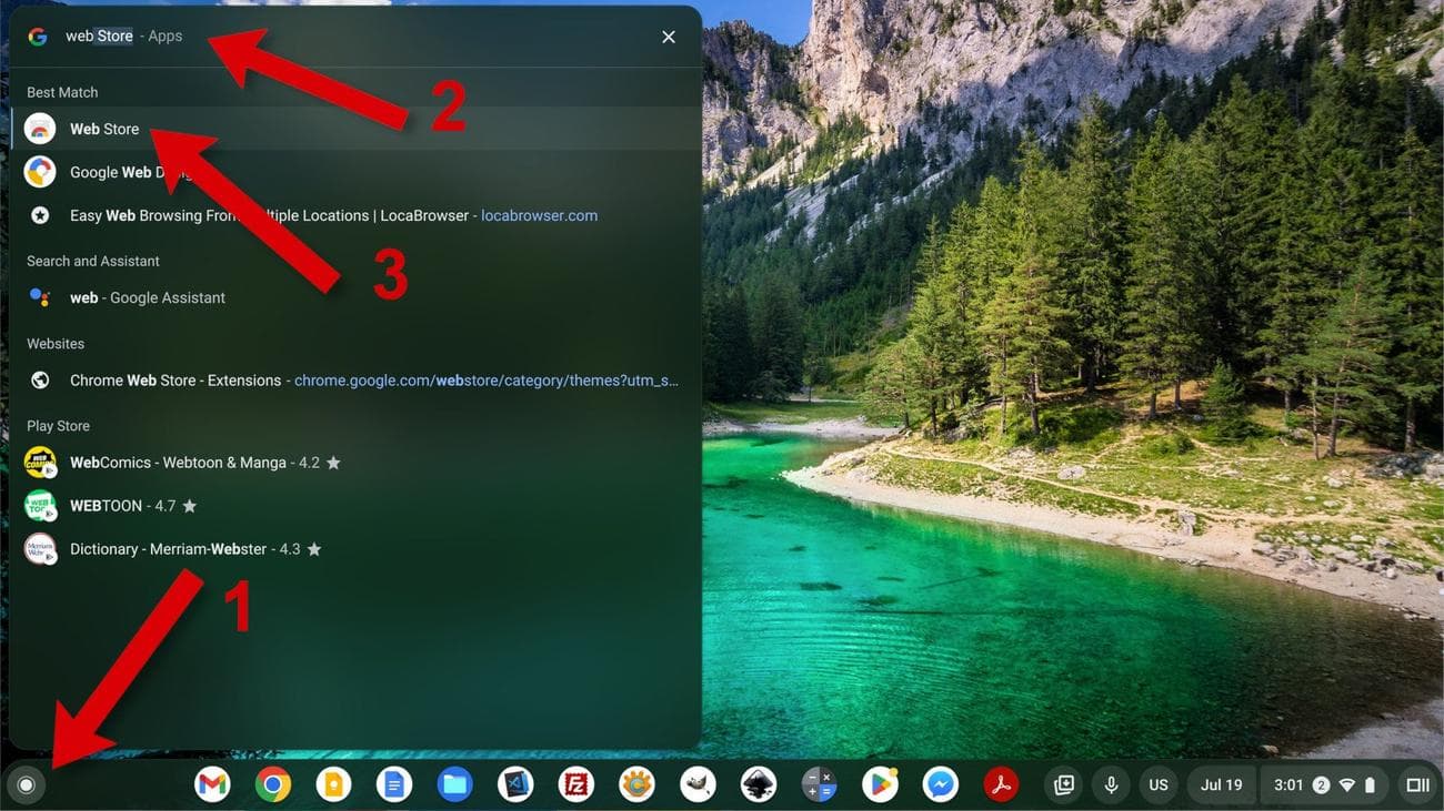 A screenshot of a Chromebook with arrows pointing to the launcher and a web store search
