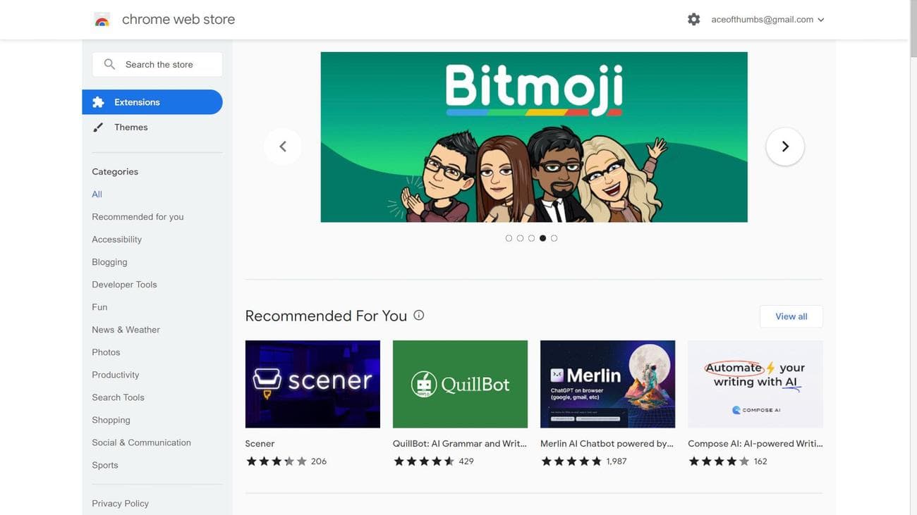 A screenshot of the Chrome Web Store's home page
