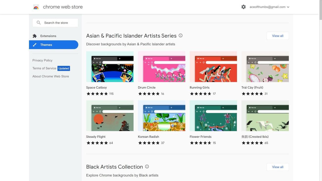 A screenshot of the Chrome Web Store's themes page
