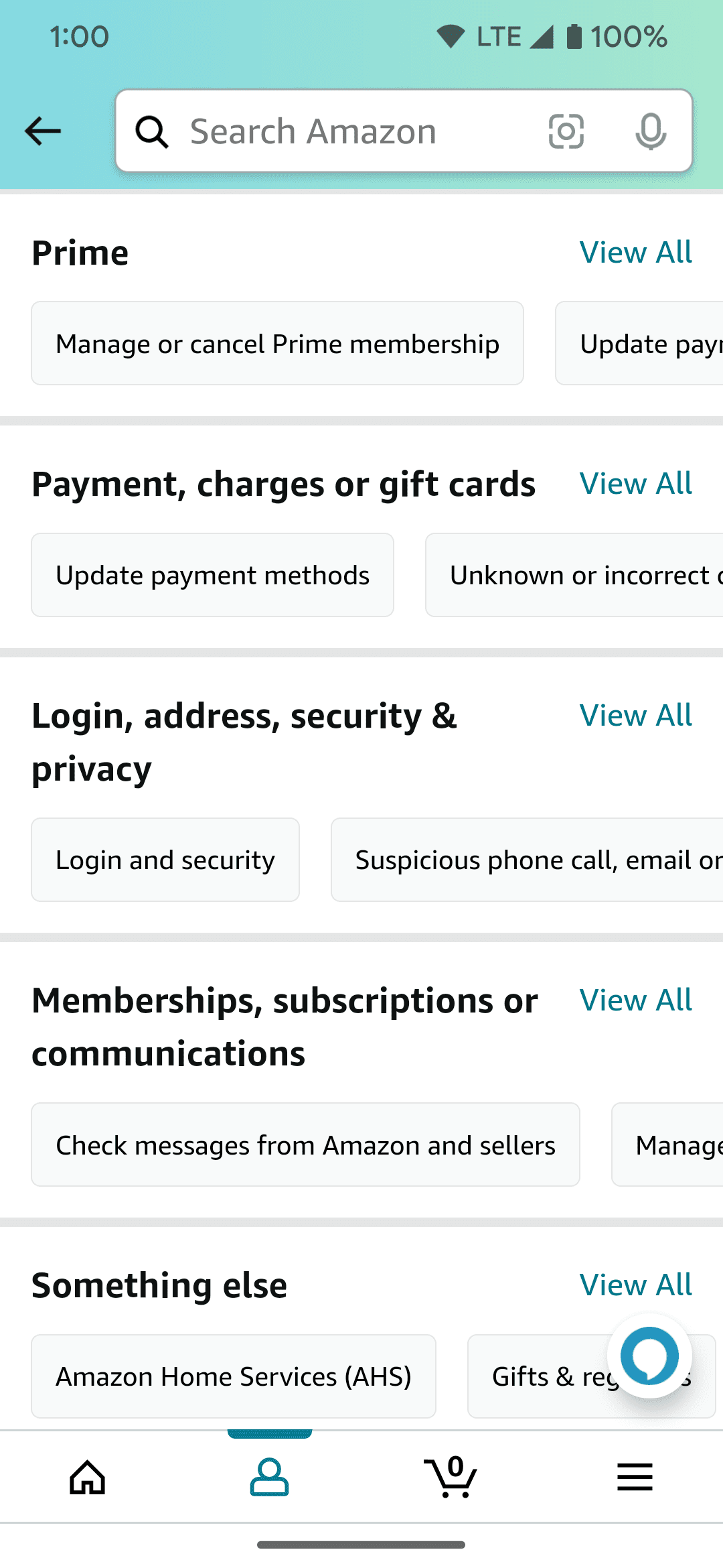 Ο κόμβος υποστήριξης πελατών που βρίσκεται στην εφαρμογή Amazon για Android