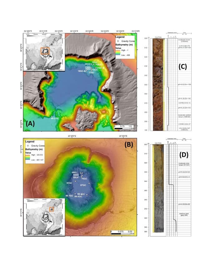 Bathymetry_maps: Βαθυμετρικοί χάρτες της καλντέρας της Σαντορίνης και του ηφαιστείου Κολούμπου που δείχνουν τις ακριβείς θέσεις των δειγμάτων που συλλέχθηκαν για μικροβιολογικές αναλύσεις