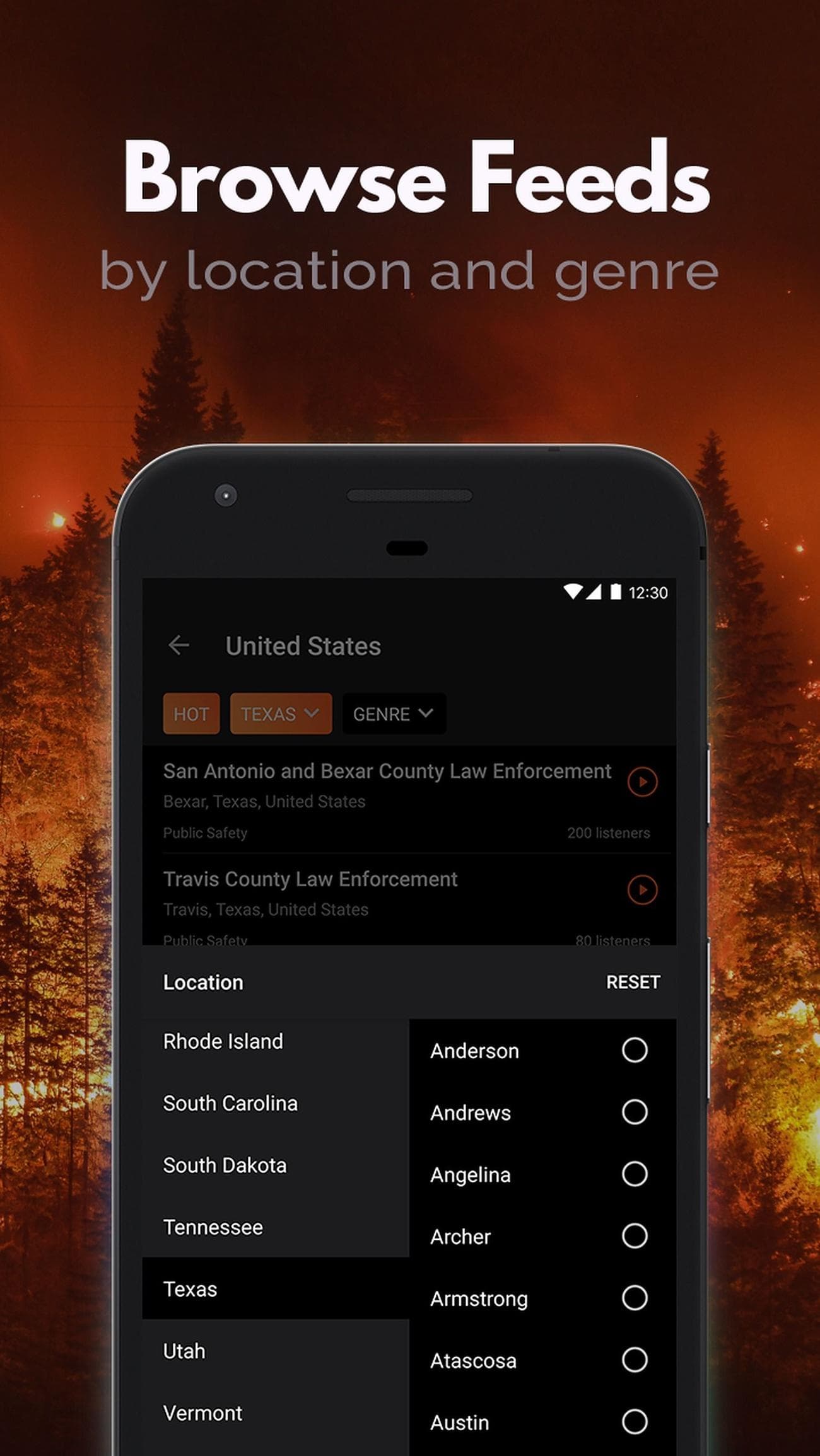 Στιγμιότυπο οθόνης της ενότητας ροών περιήγησης του Police Scanner