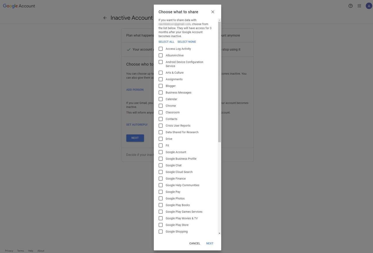 Στιγμιότυπο οθόνης της επιλογής Επιλέξτε τι να κοινοποιήσετε στη Διαχείριση ανενεργού λογαριασμού Google